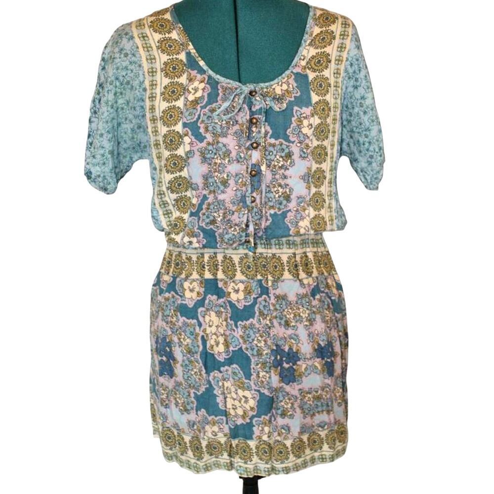 Angie Dress Multicolor Boho Floral Button Front Tie Neck - Blue, Gold - Small - Picture 3 of 7